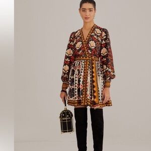 NWT Farm Rio Multicolor Tapestry Garden Surplice Neck Mini Wrap Dress Size Large